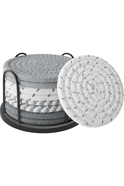 Arabest 8-Piece Absorbent Cotton Woven Coasters Set with Metal Stand,Anti-Sli...