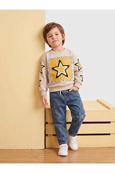 Mişsa Bebe Boy's Oversize 2 Thread Swetshirt with Embroidery Detail Denim Tro...