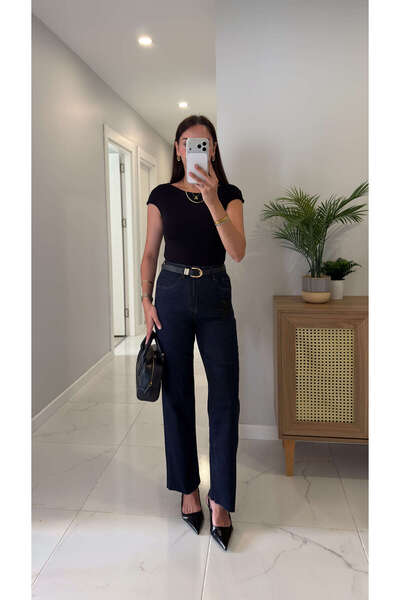 BİRCANÇİL Modes Dark Blue Boncuklu Kesik Paça Jean