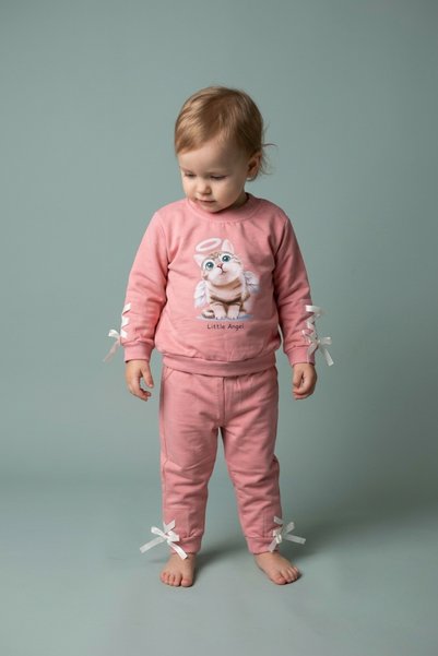 zumino Baby Girl Cat Printed Sweatshirt and Sweatpants with Ribbon Detail, 2-...