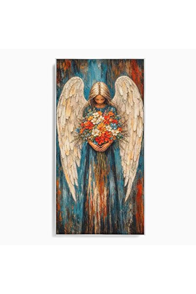 Luxcanva Tablou Canvas Inger Cu Flori 60x120 cm cu Rama Argintiu Aripi Rugaci...