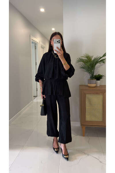 BİRCANÇİL Meline Black Pleated Satin Balloon Sleeve Set
