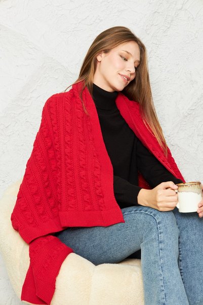 Irmak Kerekli Knitwear Tv Blanket – Hair Knit Cotton & Shoulder Shawl & Knee Blanket – 100X150 cm Red