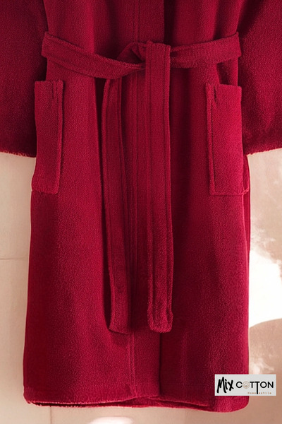 MixCotton Home Luxury 100% Cotton Women's Bathrobe with Hood and Pockets, Soft Textured Home Wear Bathrobe, Red