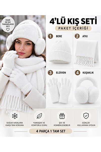 Wearflawless Kadın 4'lü Kışlık Beyaz Set, Bere, Atkı, Eldiven, Kulaklık, Sıca...