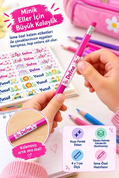 Hsn 290 Adet İsme Özel Kalem Etiketi 4x1 cm Kuşe Parlak Kız Erkek Model Okul Etiketi Kesilmemiş Kuşe
