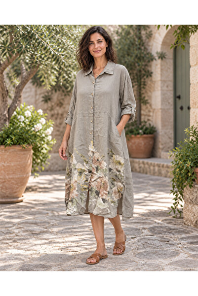 Miss Boheme Stone Color Watercolor Floral Patterned Linen Shirt Dress with Po...