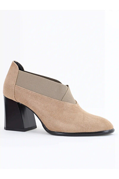 Nicoletta Botine Damă din Piele Ecologică, cu Elastic și Toc Gros de 7 cm Taupe