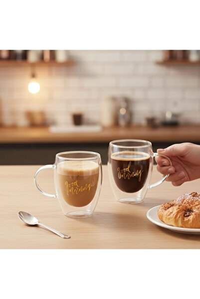 1Chase Double Wall Good Morning Printed Glass Mug with Handle for Juice Wine ...