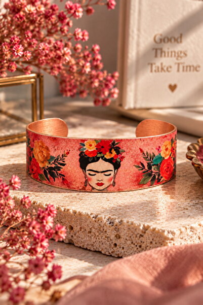 Erol Bakır Frida Kahlo Themed Wide Bracelet with Coral Flowers, 100% Copper