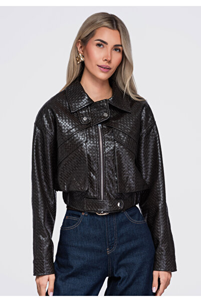 OMBRE Dámská bomber bunda, krátký střih, vrstvené panely OW-JAFL-0148 Hnědá