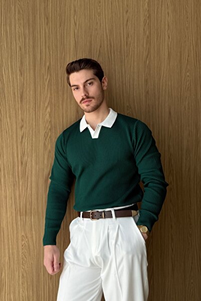 Livio Ferri Atri Çift Renk Dokulu Regular Fit Polo Yaka Nefti Erkek Triko Kazak