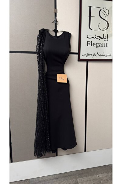 ELEGANTKSA Black Midi Evening Dress with Luxurious Asymmetrical Design Combin...