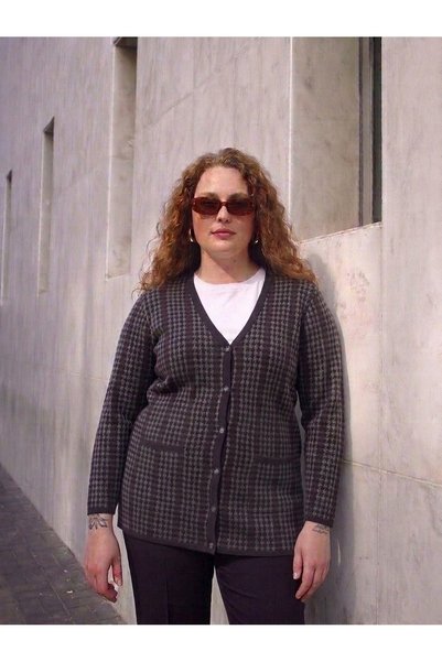 onno style women BÜYÜK BEDEN KAZAYAĞI DESEN RENKLİ ÇELİK ÖRGÜ TRİKO KADIN CEKET