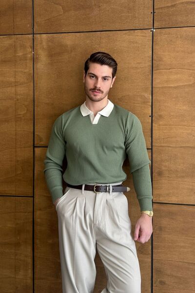 Livio Ferri Atri Çift Renk Dokulu Regular Fit Polo Yaka Haki Erkek Triko Kazak
