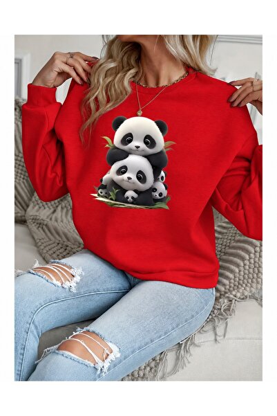 Trend Sizde Hanorac unisex negru cu imprimeu Panda Family, cu gât rotund