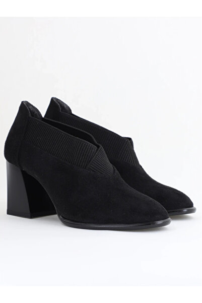 Nicoletta Botine Damă din Piele Ecologică, cu Elastic și Toc Gros de 7 cm Negru