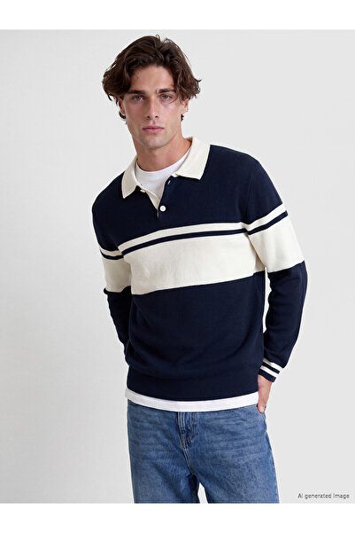 LC Waikiki Xside Navy Blue Polo Collar Color Blocked Men's Knitwear Sweater