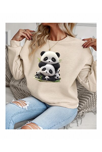 Trend Sizde Hanorac unisex negru cu imprimeu Panda Family, cu gât rotund