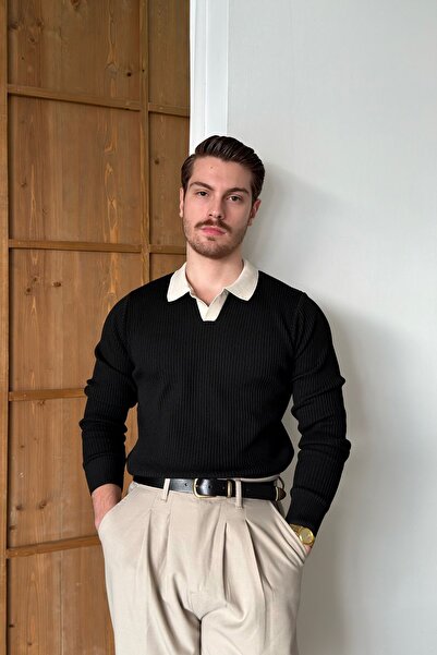 Livio Ferri Atri Çift Renk Dokulu Regular Fit Polo Yaka Siyah Erkek Triko Kazak