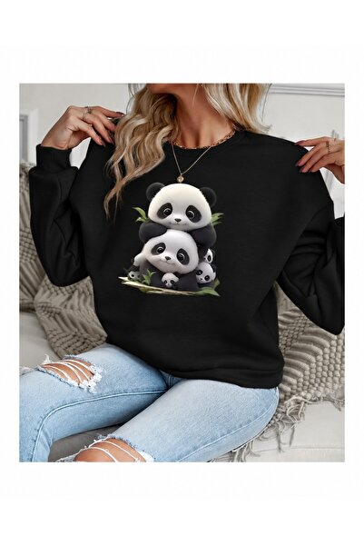 Trend Sizde Unisex Μαύρο φούτερ με στάμπα Panda Family με λαιμόκοψη ποδηλάτου