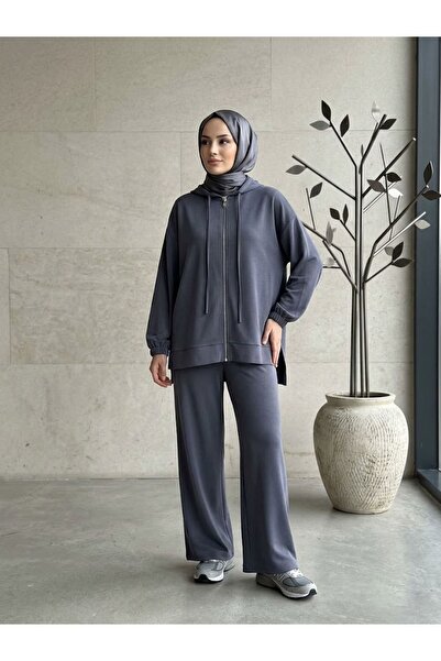 Lunsera Store Women's Pique Fabric Hooded Zippered Two-Piece Tracksuit Set Ov...