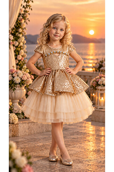 Lindissima Sequined Robe, Stone Detailing, Layered Tulle Skirt, Satin Bow, Cr...