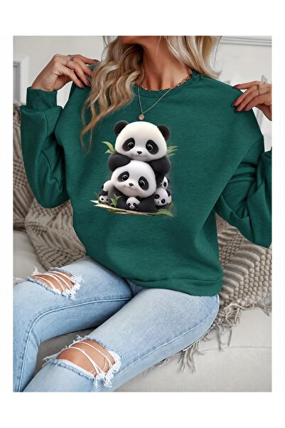 Trend Sizde Hanorac unisex negru cu imprimeu Panda Family, cu gât rotund