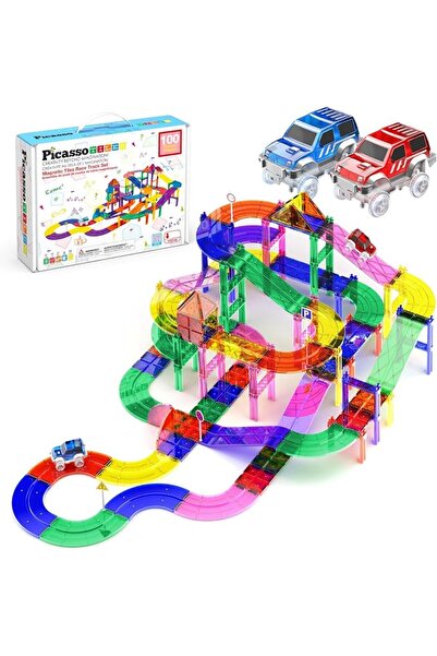 PicassoTiles 100 PCs Race Car Track Set Magnetic Toy Building Block with 2 LE...