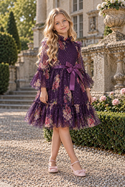 FESSHERA Girl's Dress with Tulle and Floral Pattern