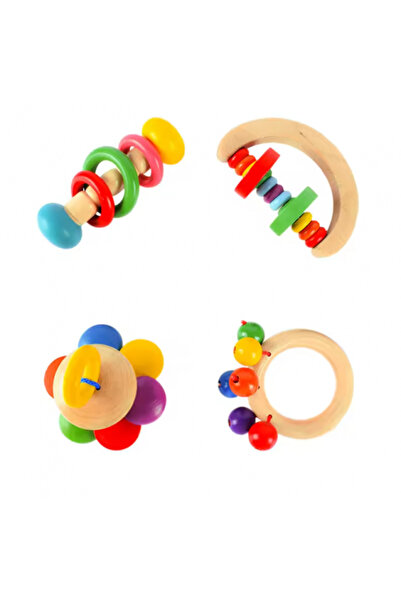 aistoys Set de 4 zornăitoare din lemn multicolore pentru bebeluși