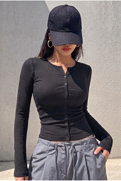Teenage Millionaire بلوزة نسائية سوداء من القماش المضلع بأزرار كاملة وتفاصيل ...