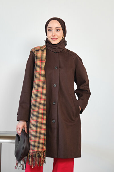 LOCCO Kadın Ekose Astarlı Ara Boy Gömlek Yaka Trençkot Kahverengi
