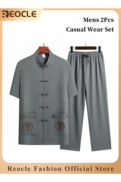 REOCLE Mens 2PCS Set Sophisticated Casual Wear Set Chinese Embroidery Kungfu ...