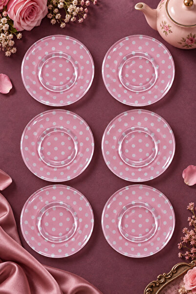 Ahenk Ev&Sofra 6’lı Cam Çay Tabağı – Pembe Puantiyeli 12 cm – 6 Adet Çay Tabak