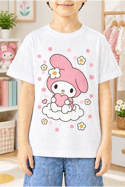 MY MELODY ملابس أطفال قميص قطني أبيض بأكمام قصيرة، طباعة نقاط البولكا ميلودي،...