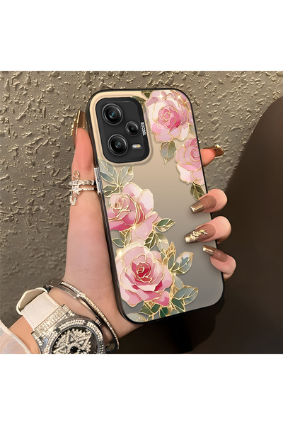 PATTERNOVA Redmi Note 12 Pro 5G Uyumlu Mat Pembe Gül Altın Çizgi Baskılı Kılı...