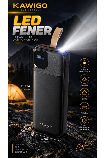 kawigo 30.000 mAh 22.5W Powerbank Hızlı Şarj Powerbank Dahili Type-C & Lightning Kablolu, Dijital Göstergeli Powerbank LED Fenerli Powerbank