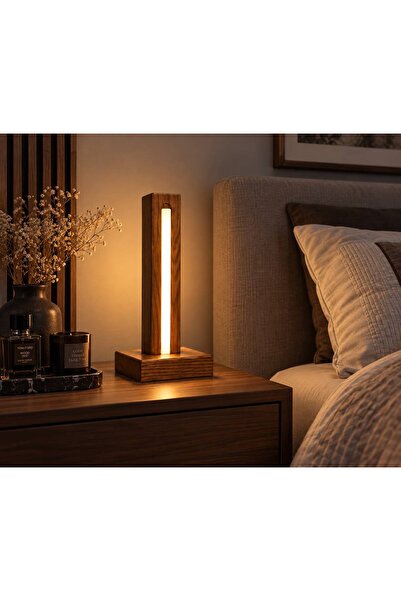 Minimal Ahşap Led Yatak Odası Lamba Koyu Meşe Vernik 30 cm
