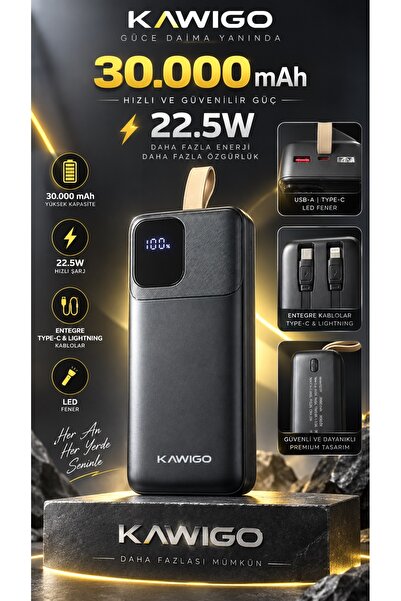 kawigo 30.000 mAh 22.5W Powerbank Hızlı Şarj Powerbank Dahili Type-C & Lightn...