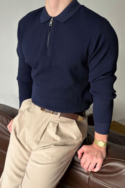 Livio Ferri Noli Textured Half Zipper Polo Collar Regular Fit Navy Blue Men's...