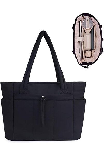 Generic Womens Large Quilted Tote Bag with Cup Holder Black Travel Shoulder B...