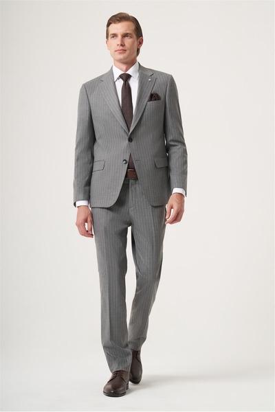 İmza Gray Mono Collar Striped 6 Drop Slim Fit Full Lining Flexible Suit 10012...
