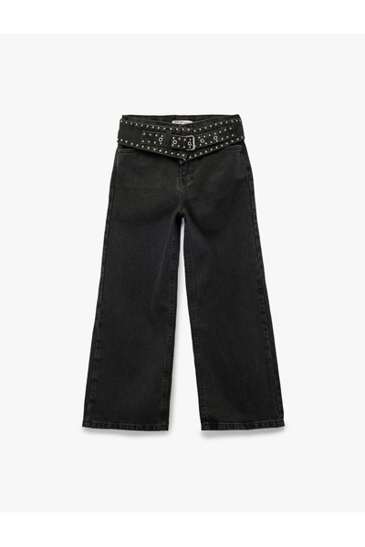 Koton Wide Leg Denim Pants with Eyelet Detail and Cotton Belt