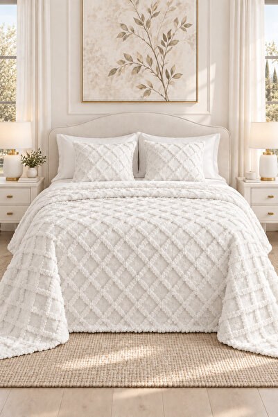 desenizmir Bohemian White Double Bedspread and Pillowcase Set