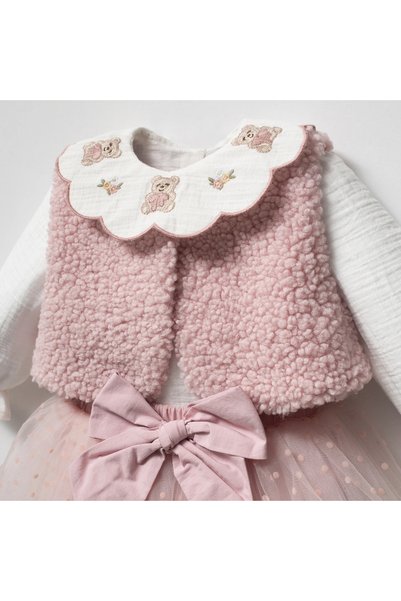 Momercy Teddy Bear Embroidered Collar Plush Vest Tutu Skirt Baby Girl 3-Piece Set