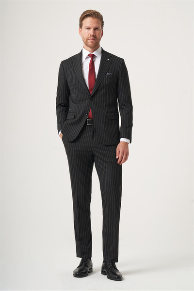 İmza Black Mono Collar Striped 6 Drop Slim Fit Full Lining Flexible Suit 1001...