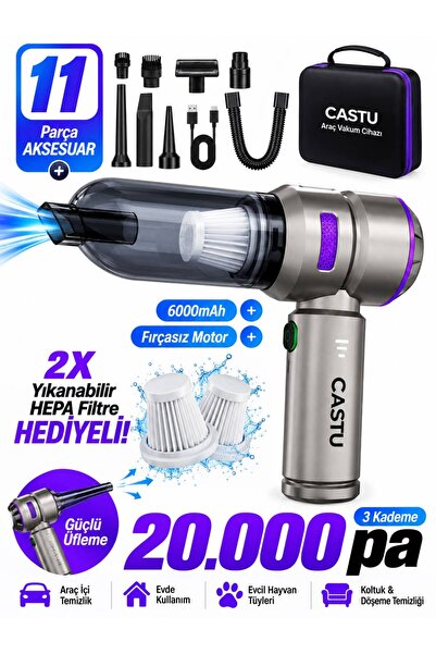 CASTU TurboVac 20000pa Güçlü Dijital Göstergeli Vakumlu Kablosuz Üflemeli Min...