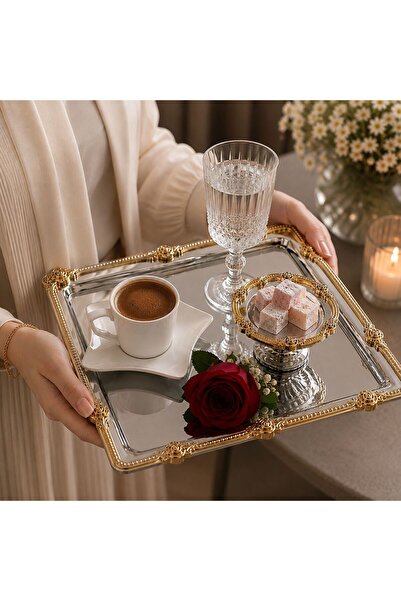 PARLADECOR PASLANMAZ ÇELİK GOLD ÇİÇEK DESENLİ TEPSİ & LOKUMLUK, İSTEME, NİŞAN...