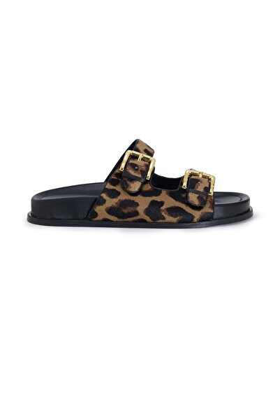 Beauty Omelette Leopar Desen Tokalı Çift Bantlı Düz Terlik
